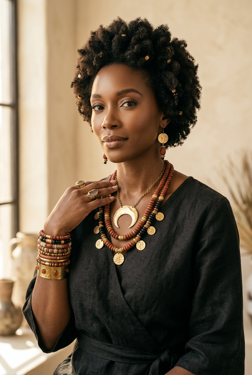 Handcrafted afrocentric beaded jewelry by BeUniqueBeads &mdash; artisan necklace on warm background